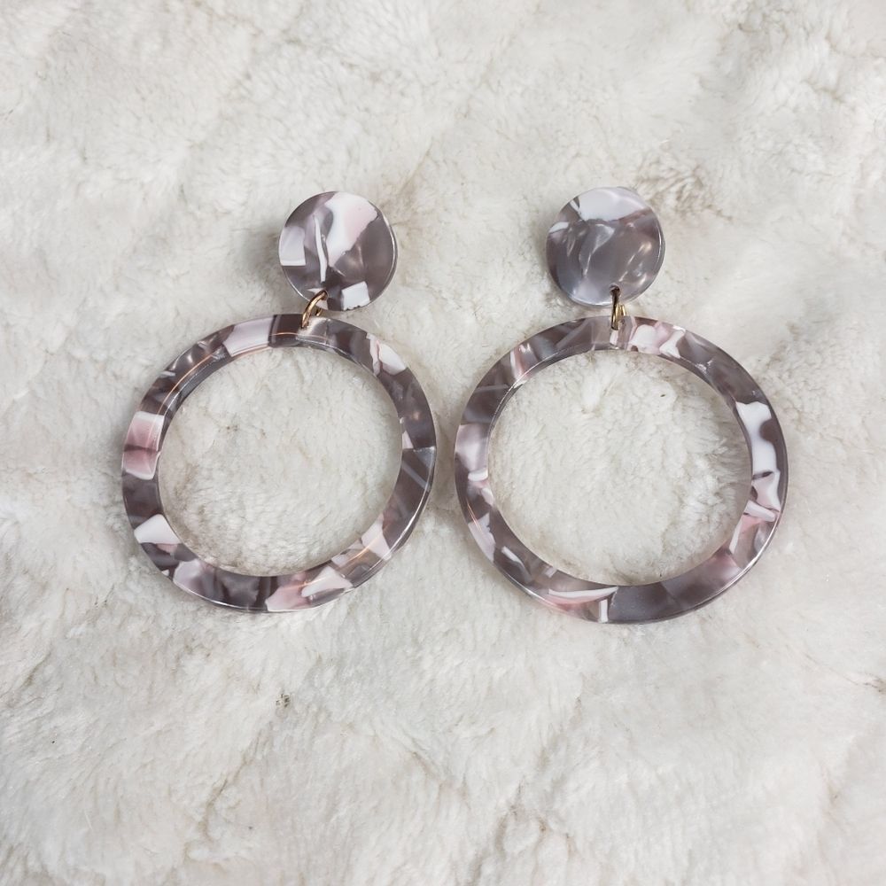 Pink Gray White Marbled Retro Circle Drop Bohemian Resin Earrings
